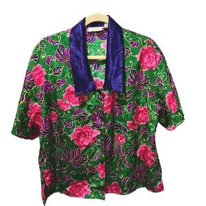 Vtg Victoria Secret Womens Multicolor Floral Silk Kimono Blouse Medium Button Up